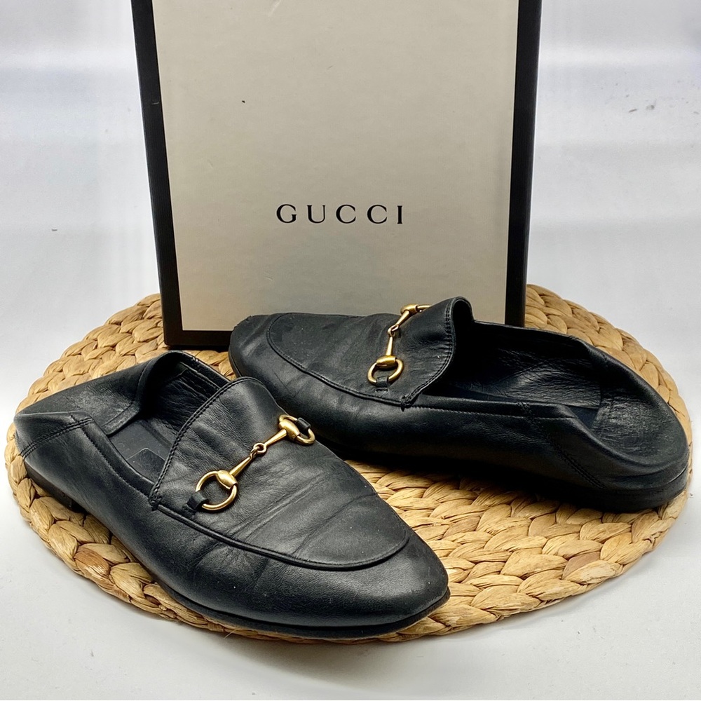 GUCCI BLACK LEATHER GOLD HORSEBIT LOAFER MOCCASIN FLATS SHOES LADIES SIZE 8